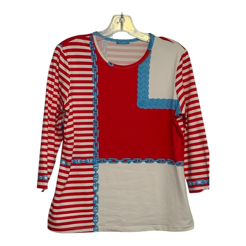J.McLaughlin Nautical Top Nylon Striped Chain Print Long Sleeve Red White Size L